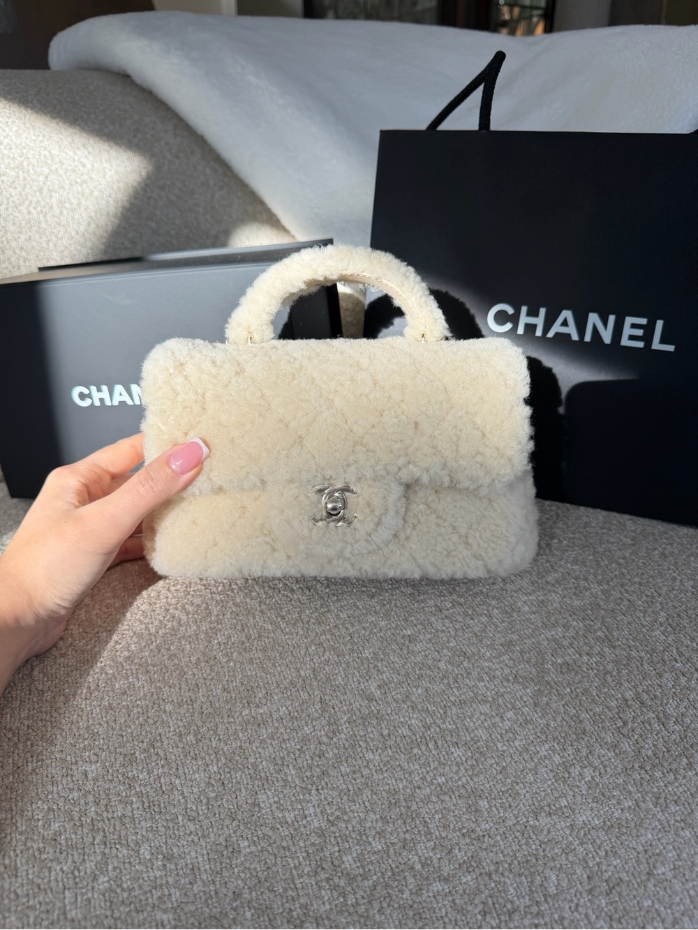 RARE Chanel Shearling Flap Bag with Top Handle Beige Cream Light Gold Chain 2026